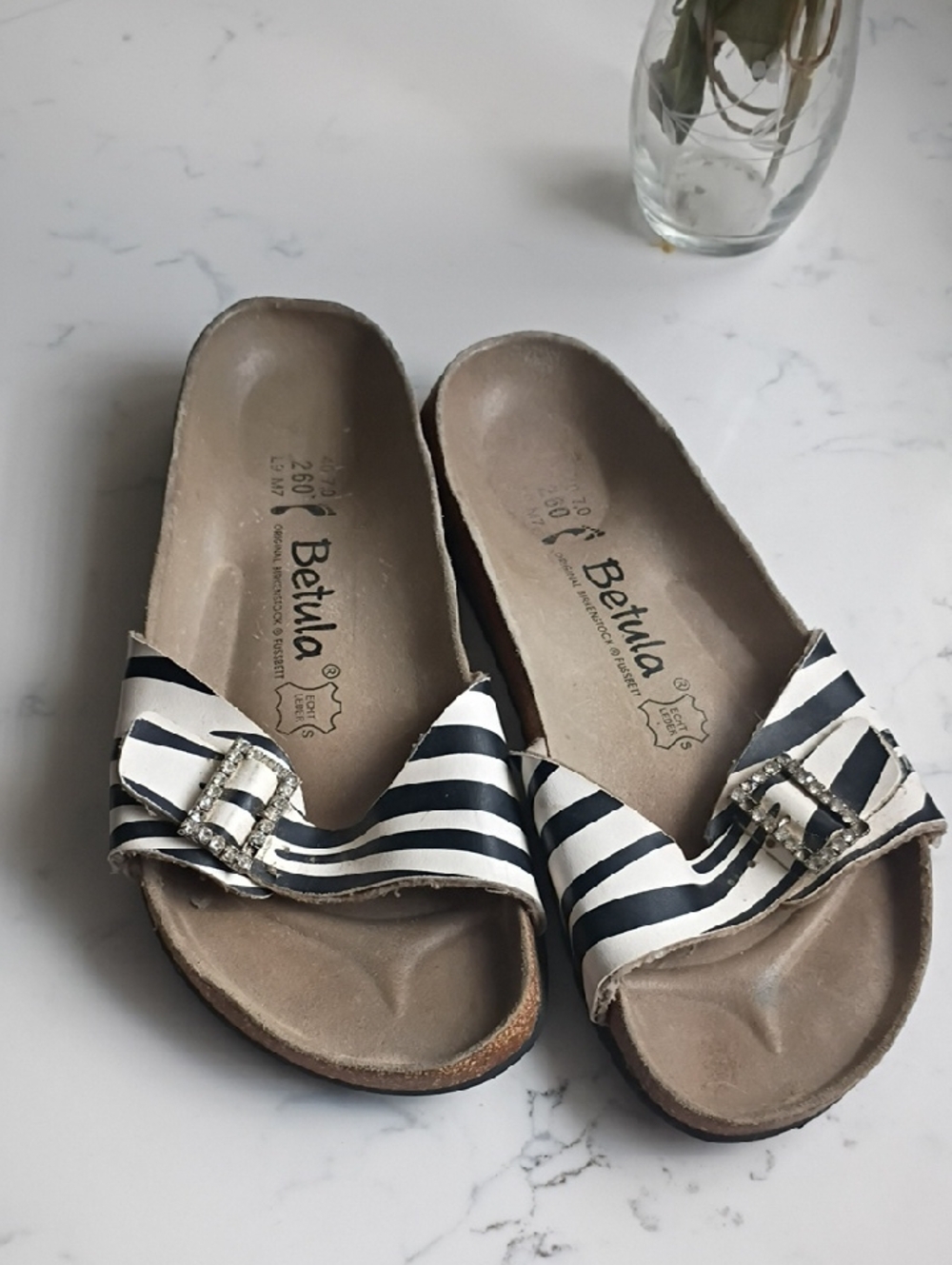 Betula Black and White Striped Slip-On Mules with Buckle